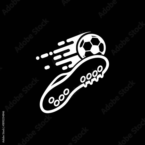 White soccer cleat kicking soccer ball on black background.
