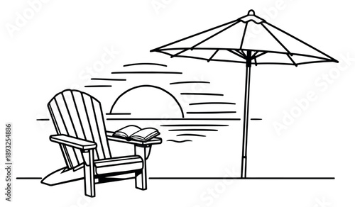 Hand drawn line art illustration of a beach scene with an adirondack chair and umbrella depicting relaxation for summer vacation