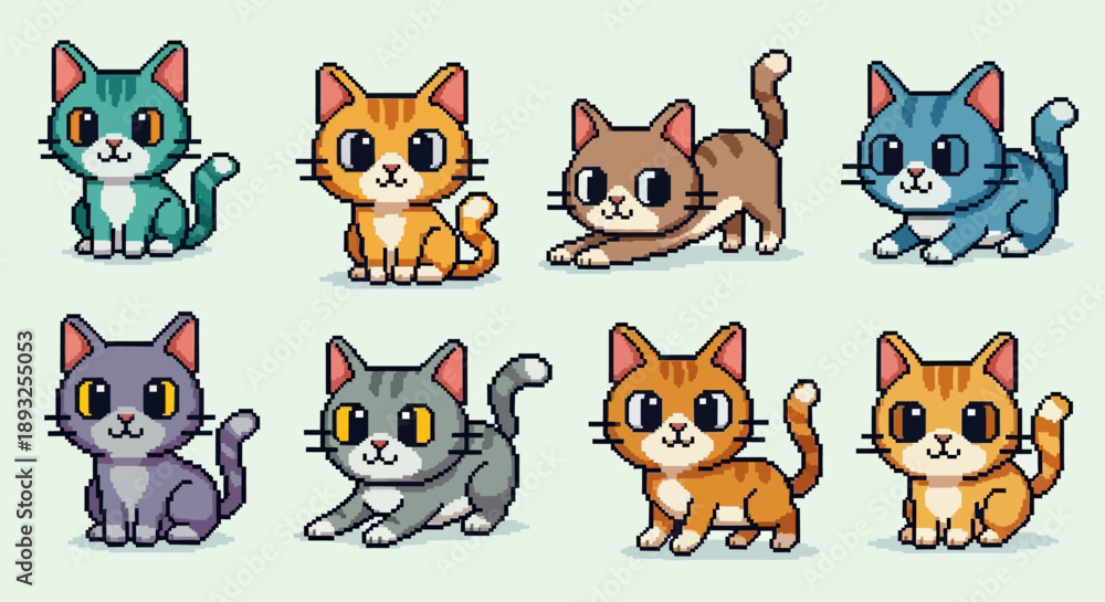 Fototapeta premium Cute Pixel Art Cat Collection: 8-Bit Kitten Sprites for Games and Digital Design