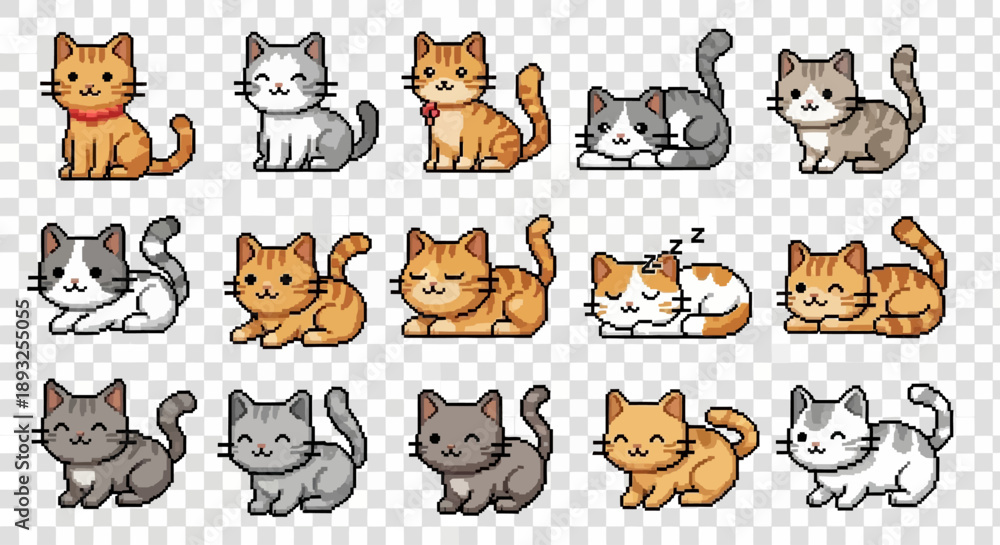 Fototapeta premium Cute Pixel Art Cat Collection: 8-Bit Kitten Sprites for Games and Digital Design
