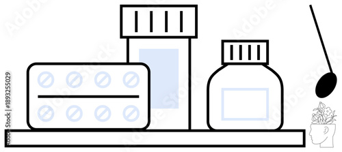 Medicine bottles, blister pack, and a spoon arranged on a shelf. Ideal for healthcare, wellness, pharmacy, medication, treatment health management disease prevention. Simple flat metaphor