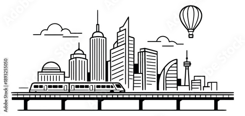 Line art illustration of a city skyline depicting a modern train on an elevated track for urban travel and transportation