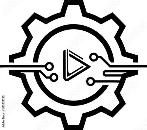 Black and white gear icon with circuit board elements and play symbol.