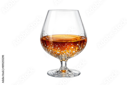 Brandy tasting in a snifter glass with golden bubbles, enjoying an aged alcoholic drink on transparent background