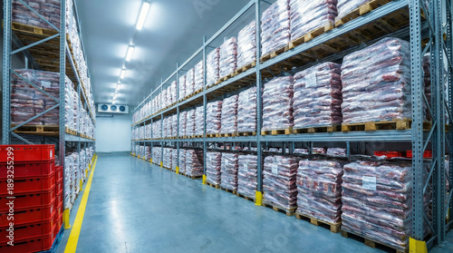 Frozen food delivery shipping warehouse storage pallet rack corridor under bright light