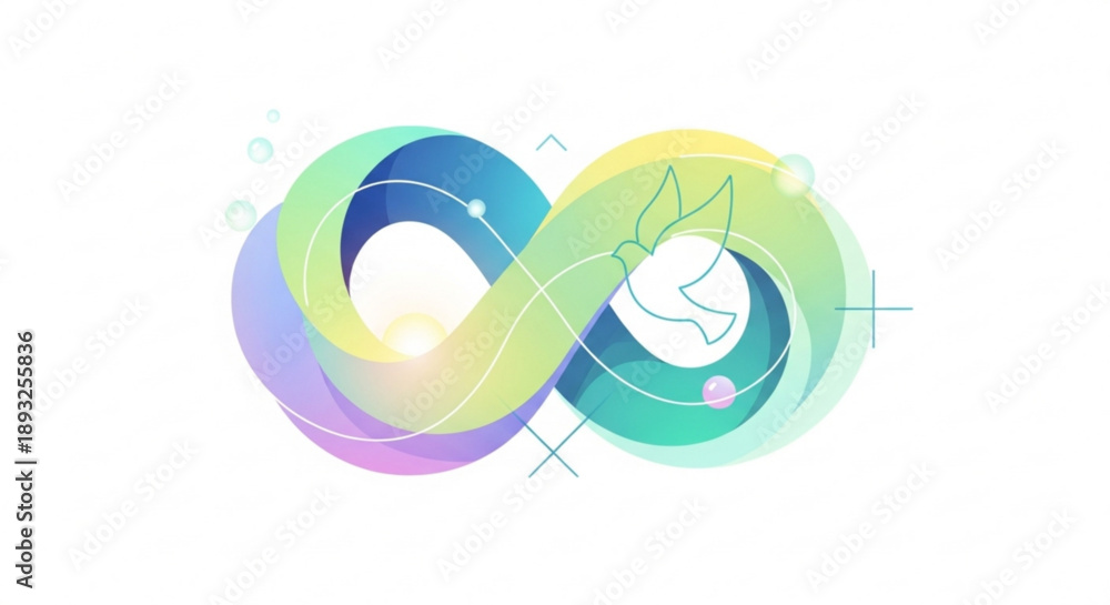Fototapeta premium Infinity symbol with a dove and gradient colors representing eternity peace and hope isolated on white background for spiritual or abstract concepts