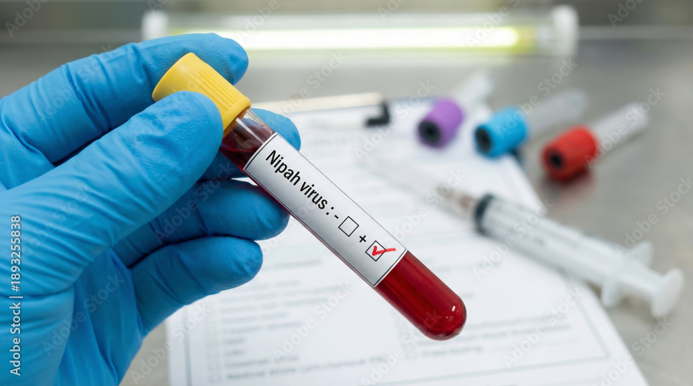 Obraz premium Nipah virus blood test sample laboratory research scene with gloved hand
