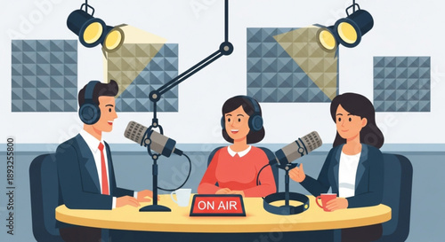 Podcast recording with three people in a studio hosts interviewing a guest with microphones and headphones concept for broadcasting and media production
