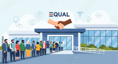 Diverse group of people in line for healthcare symbolizing equal access and medical services with handshake and equal sign above clinic building