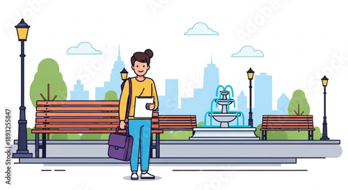 Man standing in a city park with benches and fountain flat vector illustration for urban lifestyle and cityscape concepts
