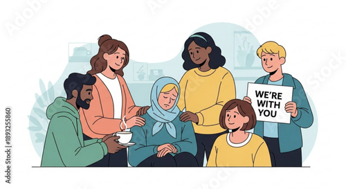 Diverse group of people offering comfort and support to a sad woman concept of empathy and solidarity illustration for social causes and community