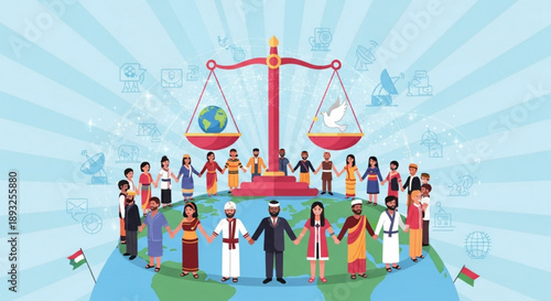 Diverse people holding hands around the globe symbolizing unity and justice with scales of justice and peace dove concept for global equality and human rights