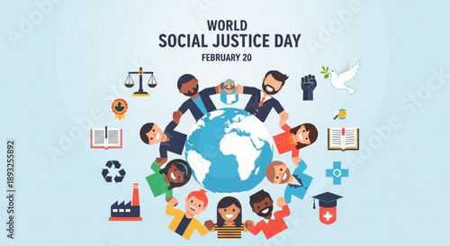 World Social Justice Day illustration with diverse people around the globe symbolizing unity equality and human rights perfect for awareness campaigns and educational content