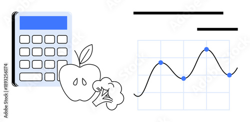 Health tracking, diet planning, nutrition analysis, food science, data visualization, research. A calculator, apple broccoli and line graph are . Health tracking and diet planning concepts