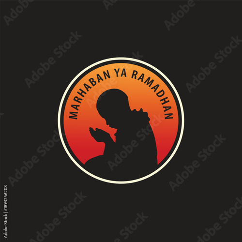 Marhaban ya ramadhan ,silhouette of a Muslim man praying against a white background

