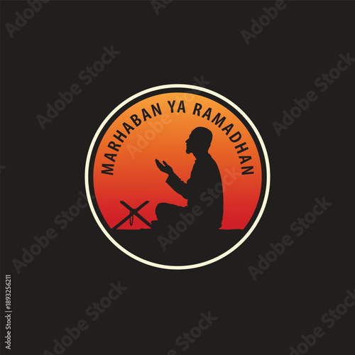 Marhaban ya ramadhan ,silhouette of a Muslim man praying against a white background
