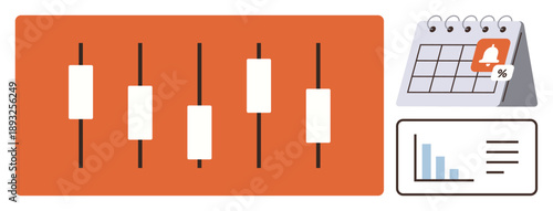Stock market analysis, financial planning, investment tracking, scheduling, strategic management, data visualization. Candlestick chart, calendar with alert bar graph. Financial planning investment