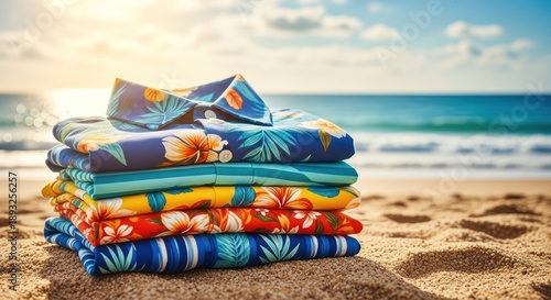 Colorful stacked Hawaiian shirts on sandy beach at sunset