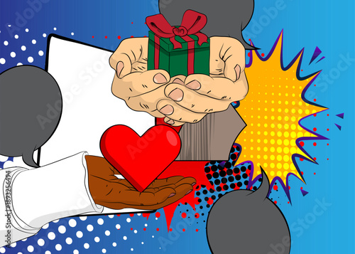 Cartoon, comic book human hands holding Heart and gift box. Retro vector comics pop art design.