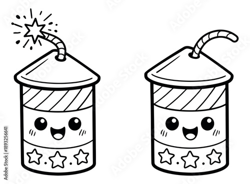 Cute hand drawn line art firecracker set featuring cartoon characters, one lit and one unlit, for holiday celebrations
