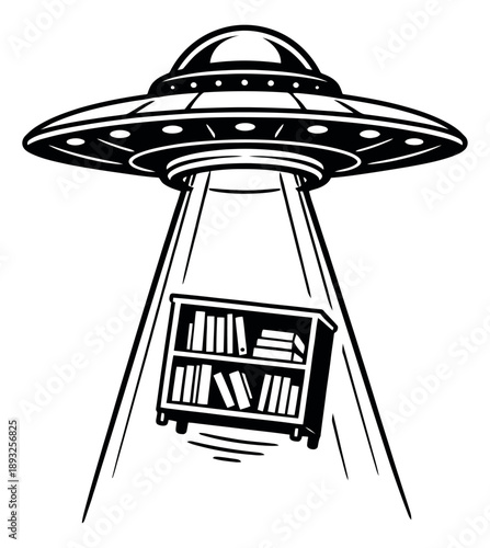 Line art illustration of a UFO depicting a bookshelf being abducted for science fiction concepts
