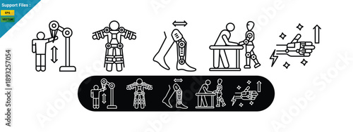 Rehabilitation robots icons illustrate assistive movement, physical assistance, and mobility restoration. Outline icons set
