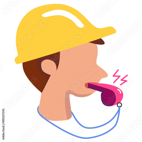 Person Blowing Whistle with Hard Hat. illustration