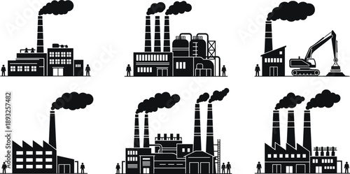 Black and white industrial factory icons set with smoke stacks manufacturing plants power stations construction machinery and worker silhouettes for urban industrial design concepts