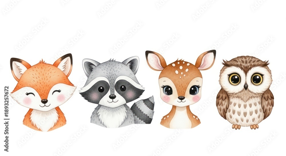 Fototapeta premium Cute watercolor forest animal characters isolated on white background