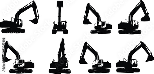 Black excavator silhouettes set, heavy construction machinery icons, hydraulic or collection, earthmoving vehicle industrial site isolated graphic elements for architecture and engineering design.