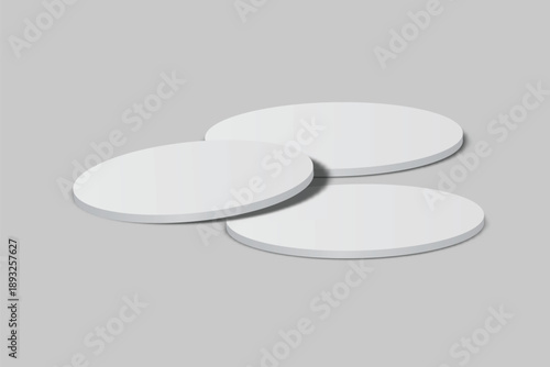 3D vector mockup of round blank beer coasters, isolated on background. Empty coaster lying for branding, pub, bar, restaurant, cafe, drinkware, bottle, can, cup holder and promotional product design