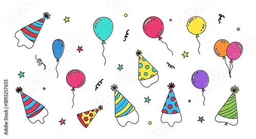 Colorful party hats and balloons with confetti on white background stars celebration