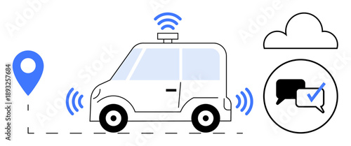 Self-driving car with GPS pin, wireless signals, cloud storage, and chat icon with check mark. Ideal for transportation, innovation, communication, smart city automation AI technology. Simple flat