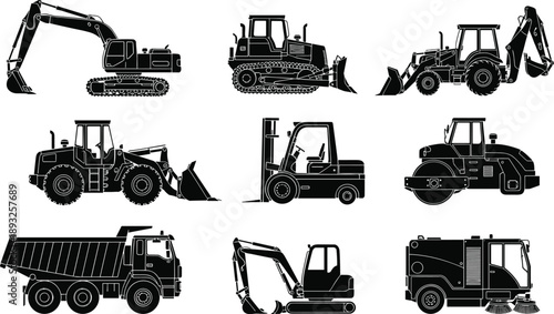 Black silhouette construction machinery set with excavators, bulldozers, bacwheel loaders, forklifts, road rollers, dump trucks and street sweepers isolated on white background for industrial design
