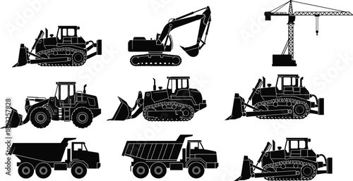Black silhouette construction machinery set with tower crane, crawler excavators, heavy bulldozers, wheel loaders and dump trucks isolated on white background for industrial building design