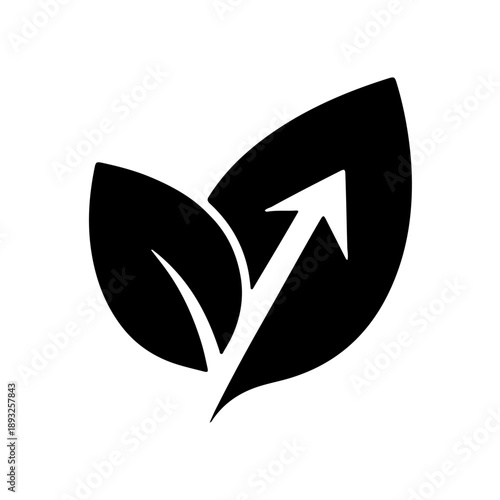 Vector illustration of two abstract leaves with an upward trending arrow symbolizing growth, success, and ecological progress.