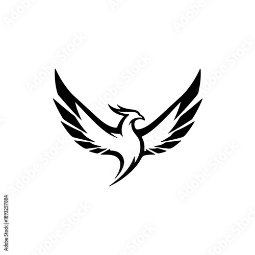 Stylized black phoenix vector illustration: majestic bird of prey with wings spread wide, ideal for mythology, fantasy, and tribal designs