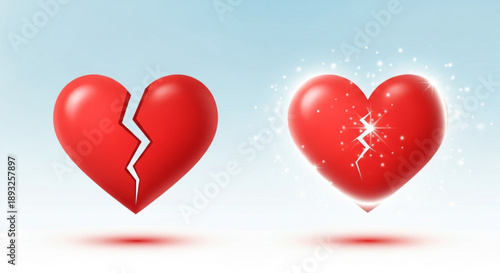 Two broken red hearts with cracks on light blue background symbolizing love failure and heartbreak
