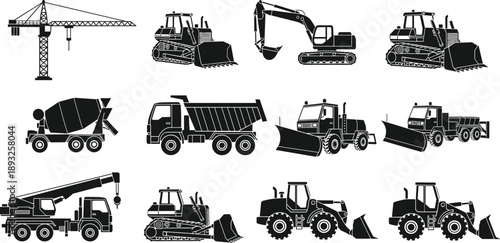 Black silhouette construction machinery set with tower crane, crawler excavators, mobile cranes, cement mixers, dump trucks, bulldozers and wheel loaders isolated on white background for design