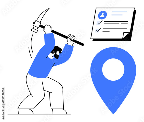 Person in action with pickaxe targeting digital user data forms and geolocation icon. Ideal for data analysis, mining, research, technology, privacy, location tracking, and digital ethics. Simple