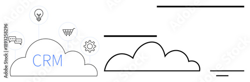 Cloud CRM concept. CRM displayed within a cloud surrounded by icons communication, e-commerce, and automation. CRM facilitating customer relationships, data management, and integration. For SaaS