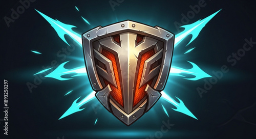 Shiny metallic shield with glowing blue lightning bolts on dark background