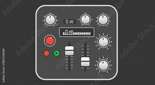 Audio mixer control panel with buttons and dials on dark background