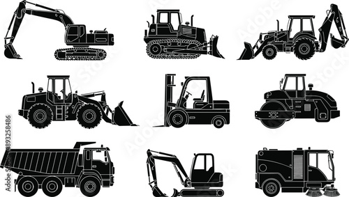 Black silhouette construction machinery set with tower cranes, excavators, forklifts, dump trucks, bulldozers, concrete mixers, road rollers and professional builders isolated on white background