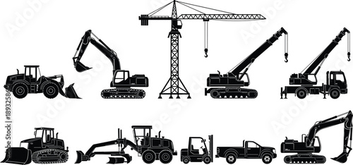 Black silhouette construction machinery set with tower cranes, excavators, fbile cranes, bulldozers, graders and pickup trucks isolated on white background for industrial building site design