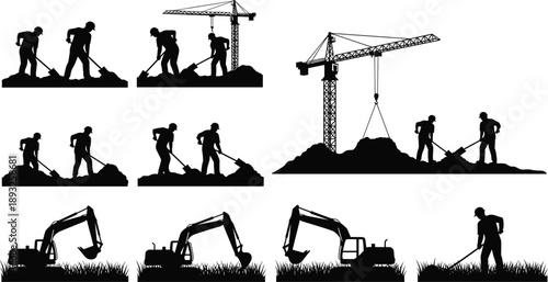 Black silhouette construction set with workers digging, manual laborers with shovels, tower cranes and excavators working on industrial building site isolated on white background for design