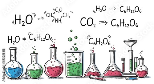 Laboratory equipment with colorful liquids and chemical formulas on white background beakers flasks