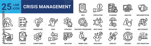 Crisis management icon set. Containing mitigation, threat, monitoring, report, competence, advice, inflation and more. Outline vector icons collection