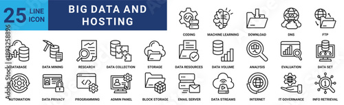 Big data and hosting icon set. Containing data collection, storage, data resources, data volume, analysis, evaluation, data set and more. Outline vector icons collection