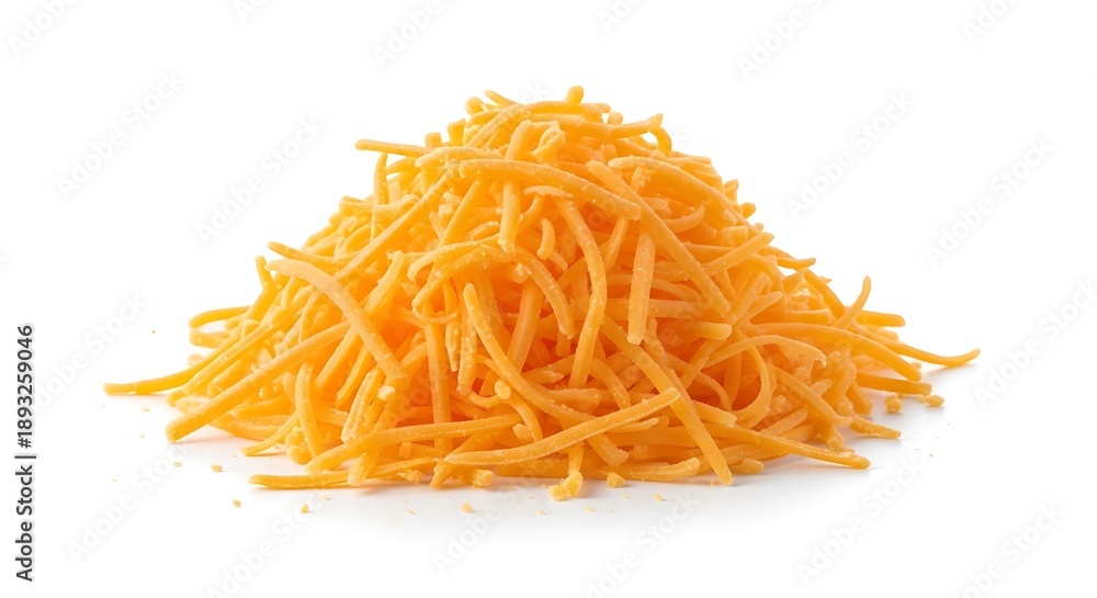 Fototapeta premium Pile of shredded cheddar cheese on white background shredded cheese pile of cheese 1 orange cheese